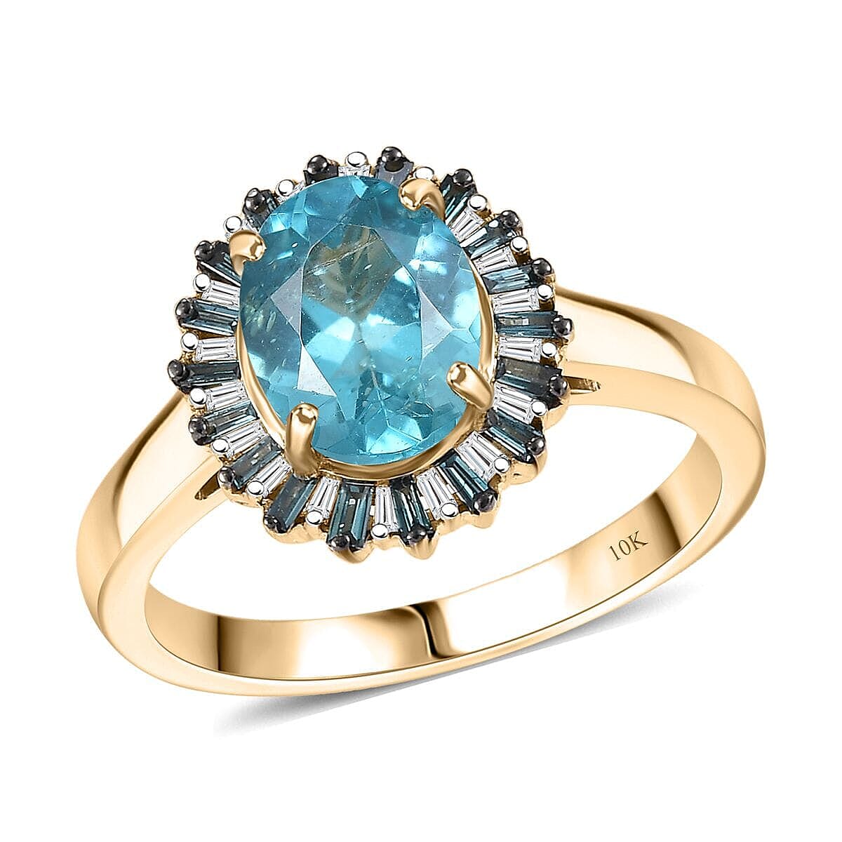 Luxoro 10K Yellow Gold Premium Betroka Blue Apatite, Blue Diamond (IR) and Diamond (I2) Ocean Bloom Ring (Size 10.0) 2.35 ctw
