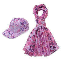 Set of 2, Purple Floral Pattern Scarf (35.4"x70.9") and Cap