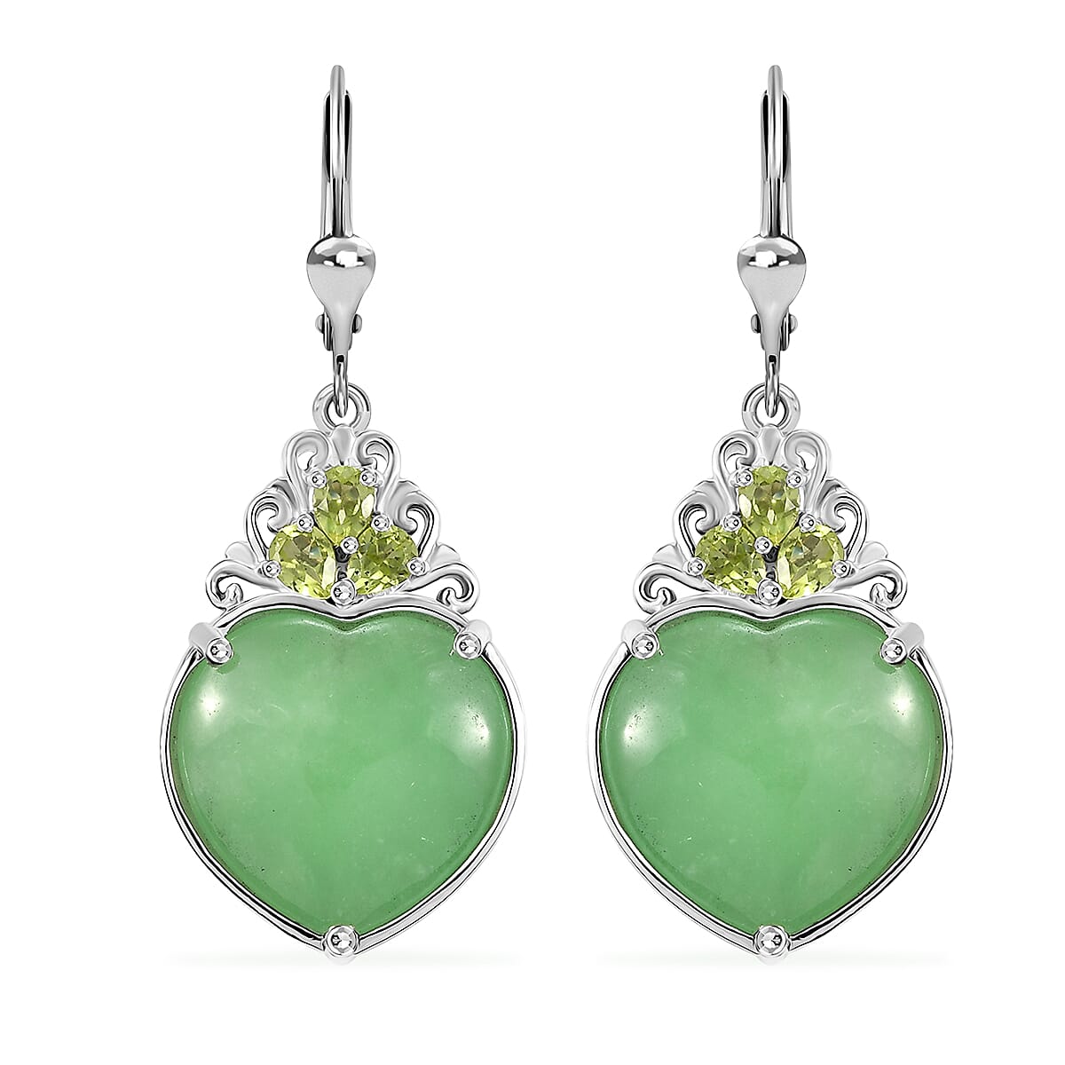 D'Joy Green Jade (D) and Peridot 23.15 ctw Heart Earrings in Rhodium Over Sterling Silver