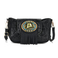Black Flower Embossed Faux Leather Crossbody Bag with Charming Tassel (9.84"x2.76"x6") - Sticky add to cart bar