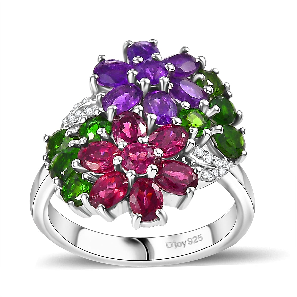 Premim Orissa Rhodolite Garnet, Multi Gemstone Bunch of Flower Ring in Rhodium Over Sterling Silver (Size 10.0) 4.15 ctw