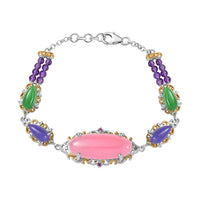 Pink Jade(D) and Multi Gemstones 31.70 ctw Royal Garden Bracelet in Rhodium and 18K Vermeil Yellow Gold Over Sterling Sliver (7.25 In)