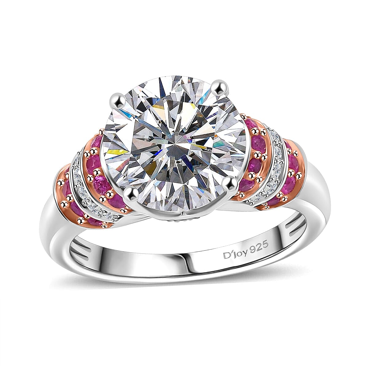 TLV Heart and Arrow Cut Moissanite (Rnd 10mm), Pink Sapphire Moonlit Grace Ring in Rhodium Over Sterling Silver (Size 10.0) 3.90 ctw