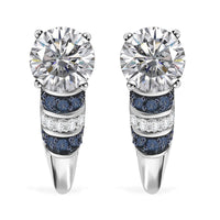 TLV Heart and Arrow Cut Moissanite (Rnd 7mm), Pink Sapphire Moonlit Grace Earrings in Rhodium Over Sterling Silver 3.00 ctw
