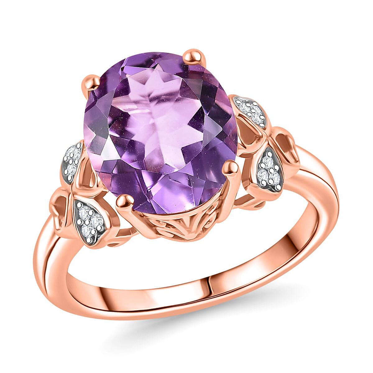 AAA Rose De France Amethyst, White Zircon Ring in 18K Vermeil RG Over Sterling Silver (Size 10.0) 4.60 ctw