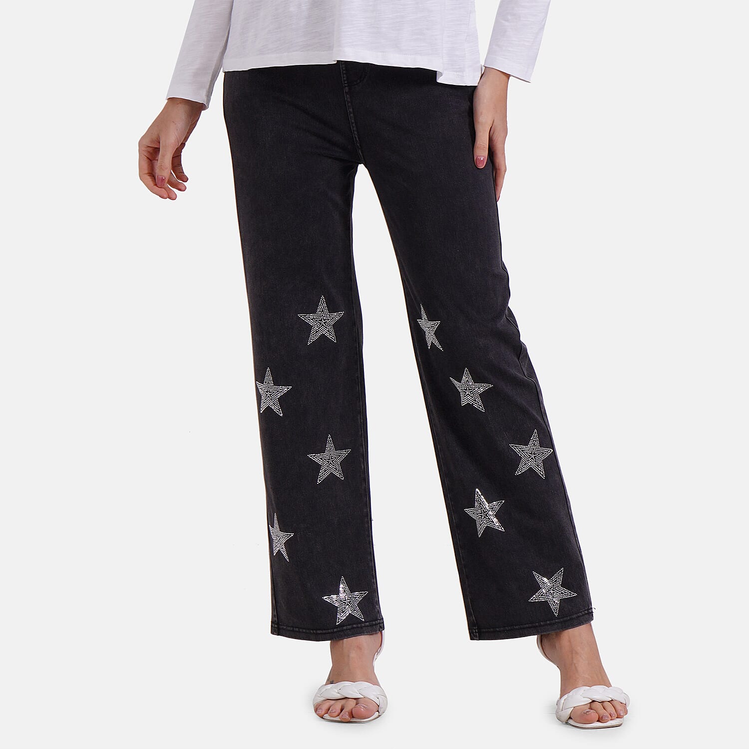 Black Medium Wash Star Rhinestone Jeans - S-L