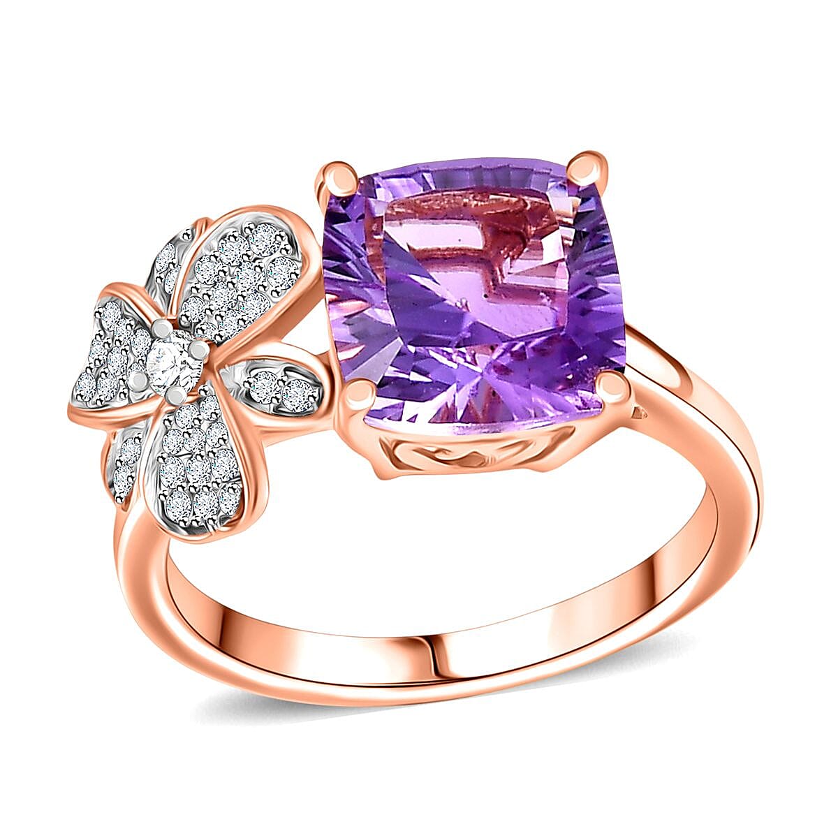 AAA Rose De France Amethyst and White Zircon 3.35 ctw Julia Flower Ring in 18K Vermeil Rose Gold Over Sterling Silver (Size 10.0)