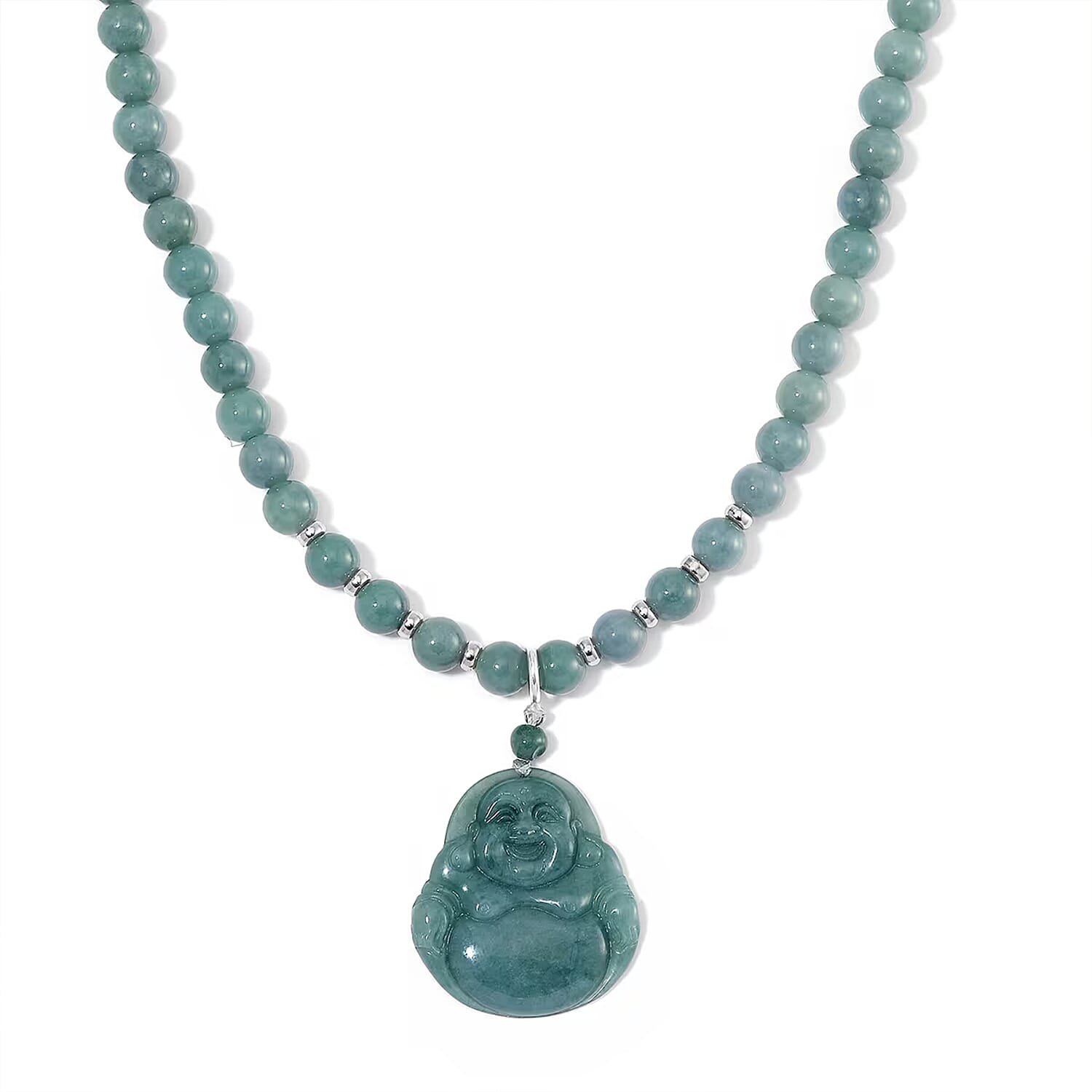 Natural Olmec Jadeite 310.00 ctw Carved Buddha Pendant with Beaded Necklace in Rhodium Over Sterling Silver 20 Inches