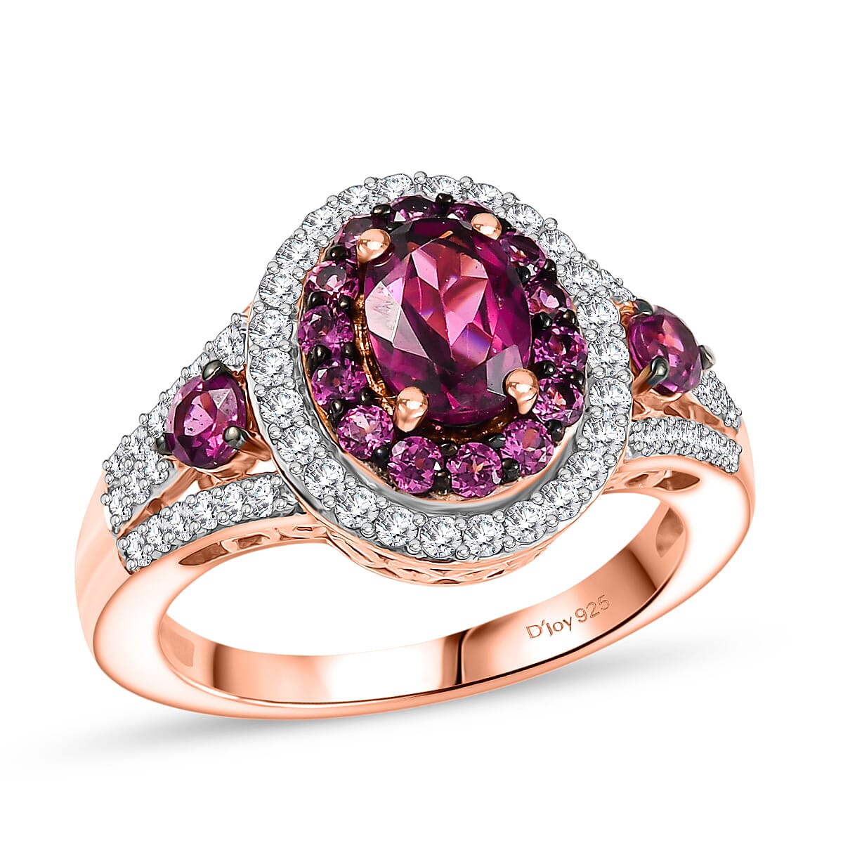 D'Joy Radiant Ember Garnet, White Zircon Ring in 18K Vermeil RG Over Sterling Silver (Size 10.0) 2.35 ctw