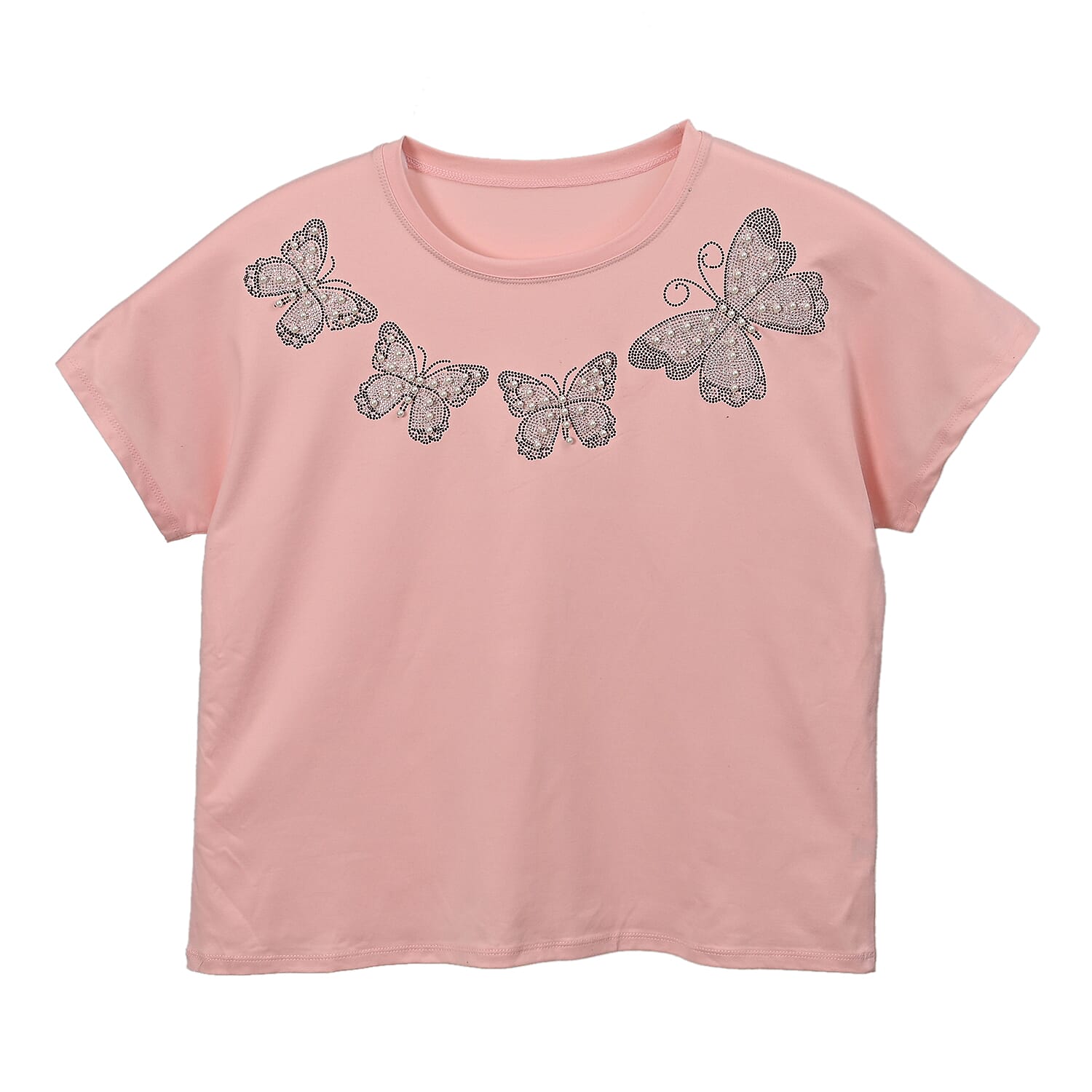 Pink Butterfly Crystal Bejeweled Bat Wing Short Sleeve Shirt Working - One Size Fits Most