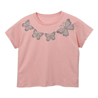Pink Butterfly Crystal Bejeweled Bat Wing Short Sleeve Shirt Working - One Size Fits Most