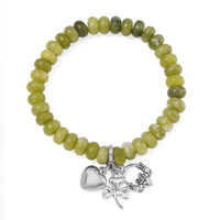 Connemara Marble 97.00 ctw Roundel Stretch Bracelet with Heart, Clover Leaf and Claddagh Charm in Silvertone