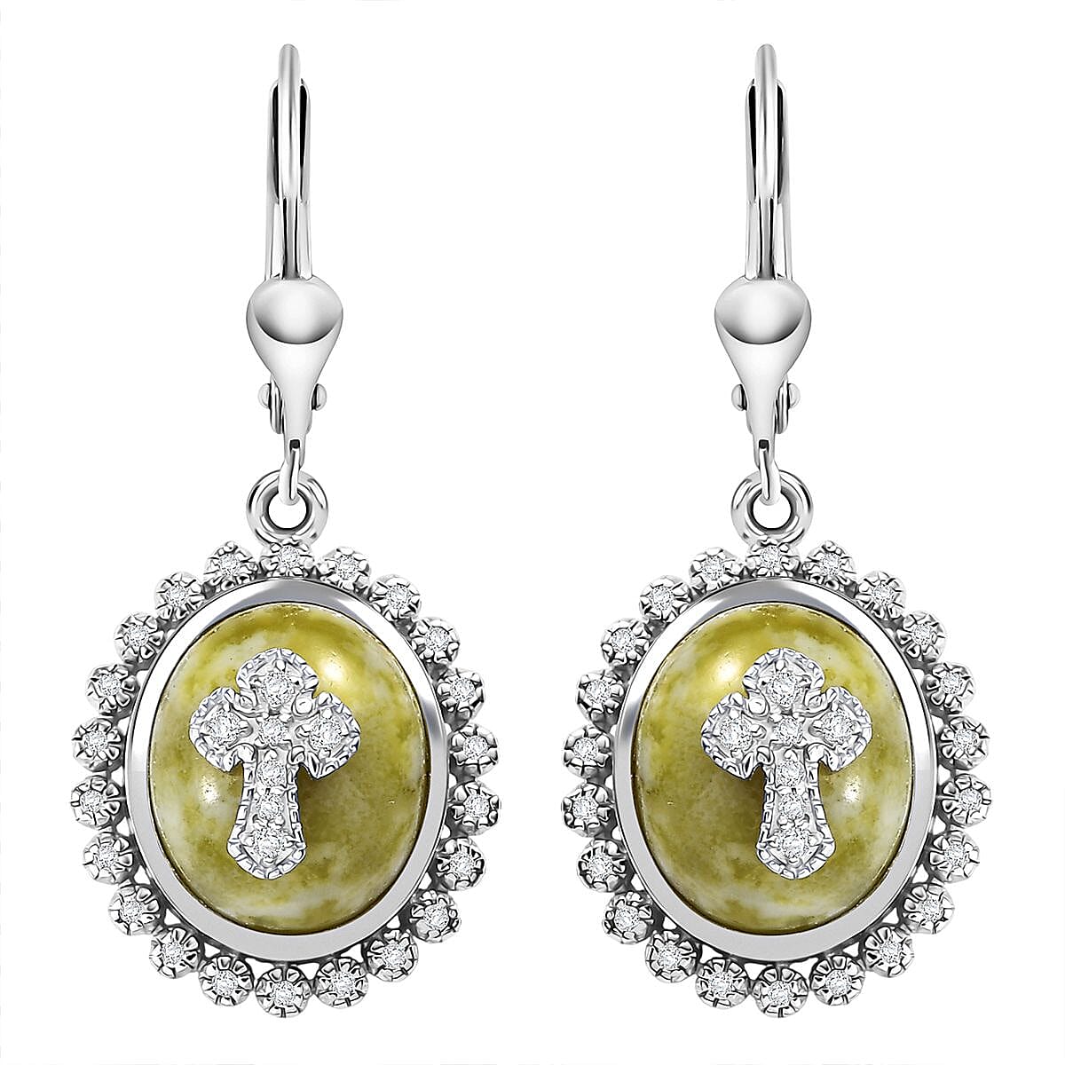 D'Joy Connemara Marble and White Zircon 12.00 ctw Celtic Cross Earrings in Platinum Over Sterling Silver