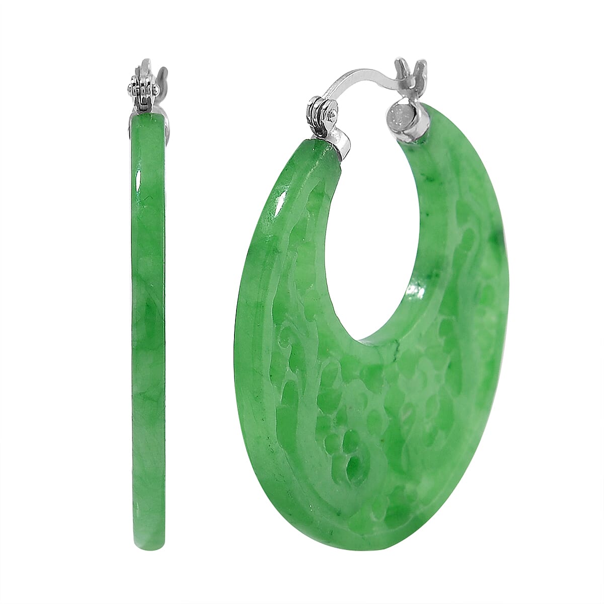 Green Jade 45.00 ctw Carved Crescent Earrings in Rhodium Over Sterling Silver