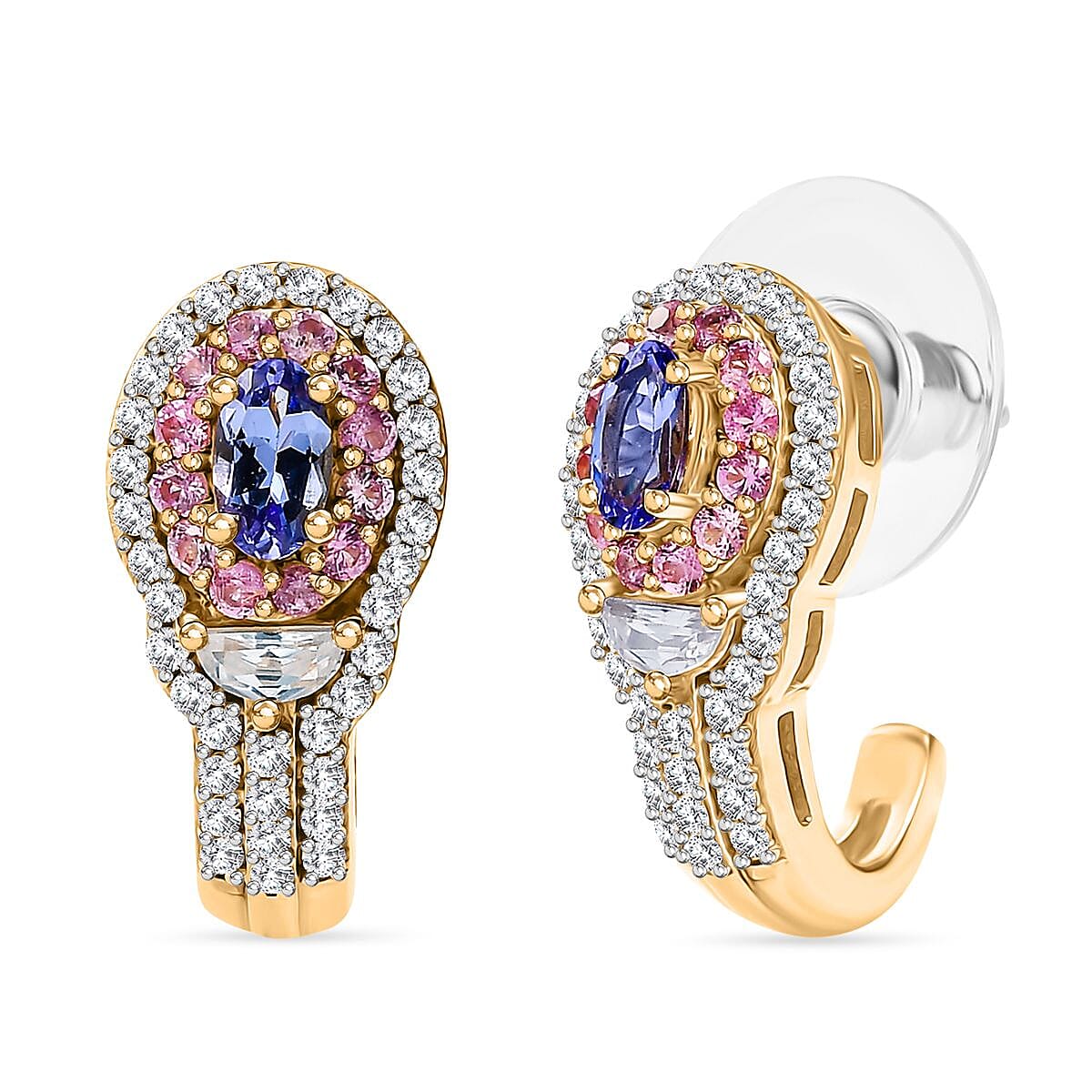 Premium Tanzanite, Multi Gemstone J-Hoop Earrings in 18K Vermeil YG Over Sterling Silver 2.00 ctw