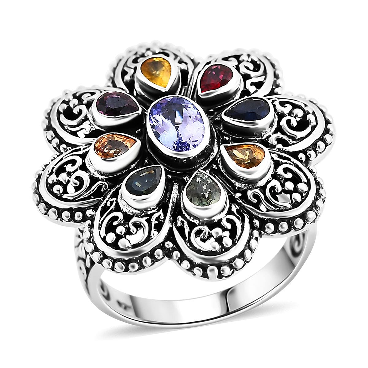 Bali Legacy Tanzanite and Multi Sapphire 1.30 ctw Flower Ring in Sterling Silver