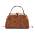 Brown Flower Embossed Faux Leather Trapezoidal Clutch Bag with Shoulder Strap - Sticky add to cart bar