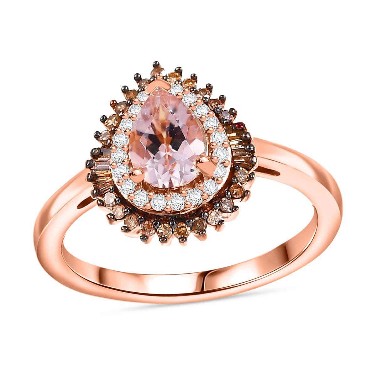 Premium Marropino Morganite, Natural Champagne and White Diamond Ring in 18K Vermeil RG Over Sterling Silver (Size 8.0) 0.85 ctw