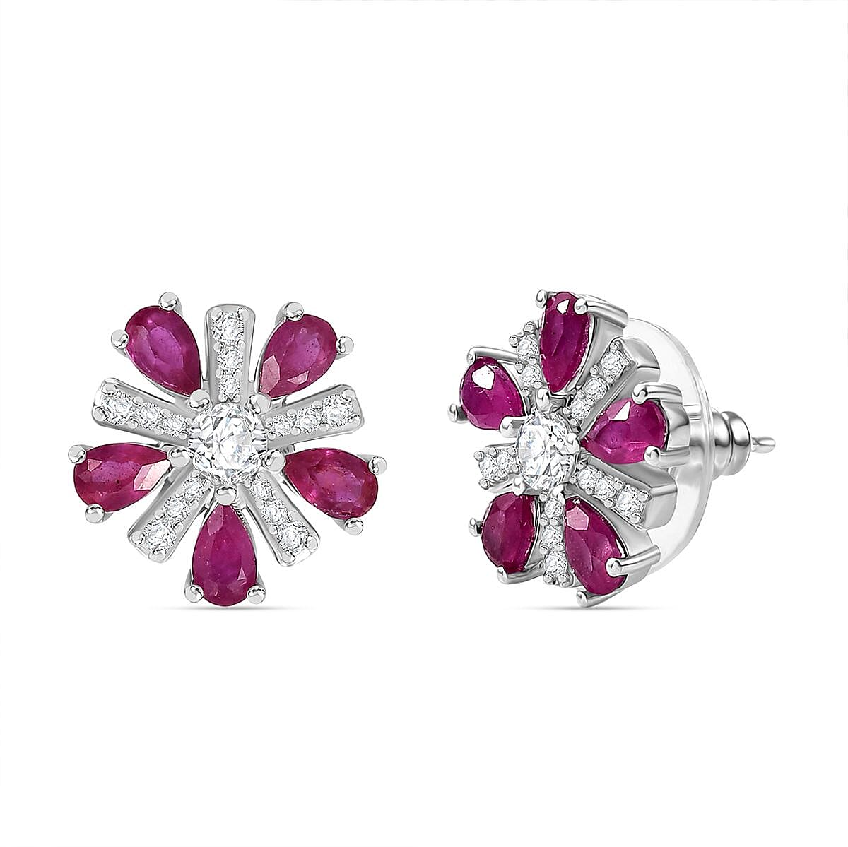 D'Joy Niassa Ruby (FF) and White Zircon 3.90 ctw Floral Earrings in Rhodium Over Sterling Silver