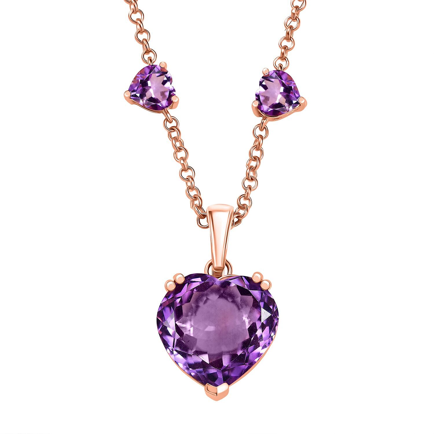 D'Joy AAA Rose De France Amethyst 25.00 ctw Heart Necklace in 18K Vermeil Rose Gold Over Sterling Silver 20 Inches