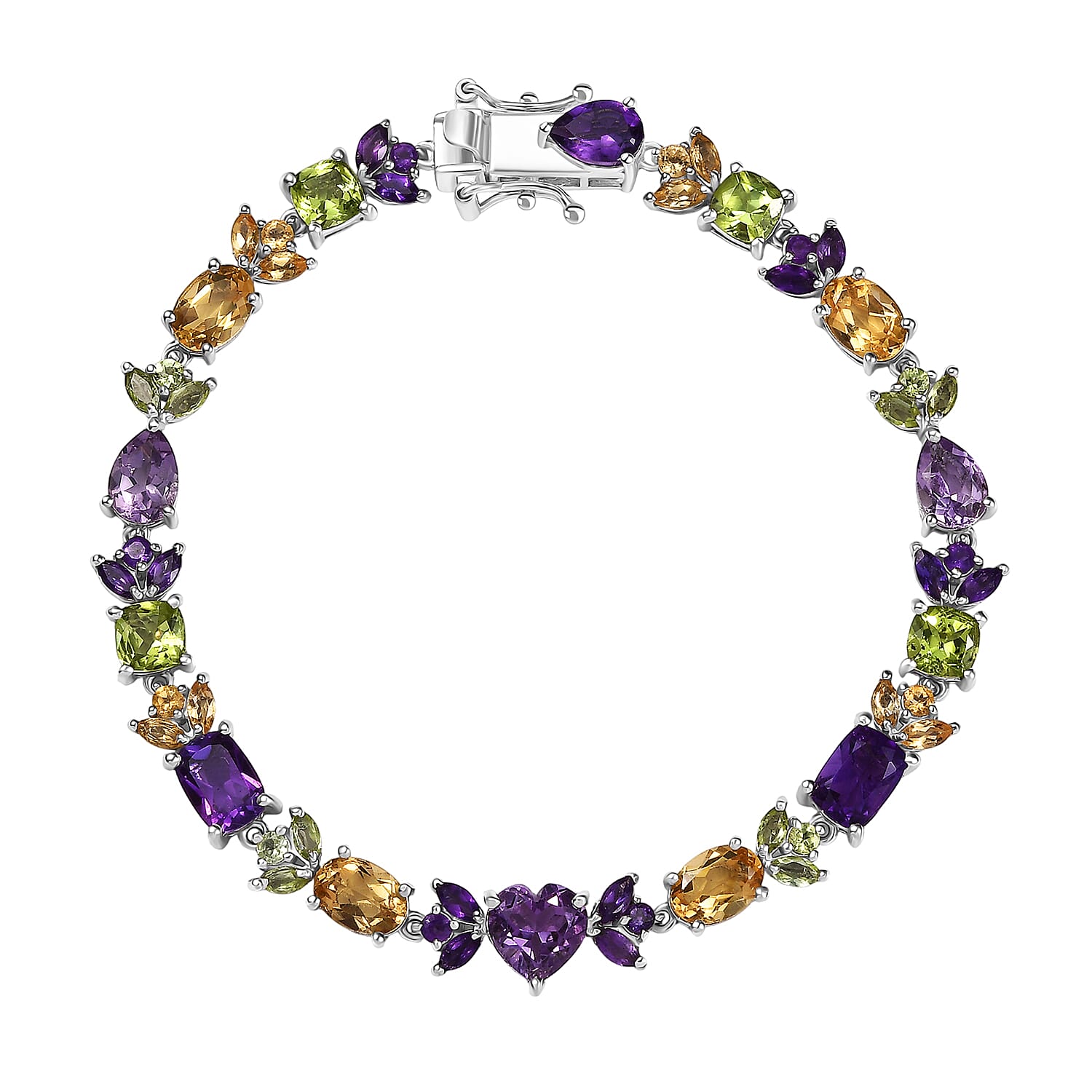 GP Royal Art Deco Collection Premium Rose De France Amethyst, Multi Gemstones Linking Bracelet in Rhodium Over Sterling Silver (8.00 In) 16.10 ctw
