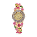Strada Multi Color Crystal and Enameled Japanese Movement Cherry Blossom Bangle Bracelet Watch in Goldtone - Sticky add to cart bar