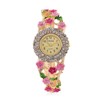 Strada Multi Color Crystal and Enameled Japanese Movement Cherry Blossom Bangle Bracelet Watch in Goldtone