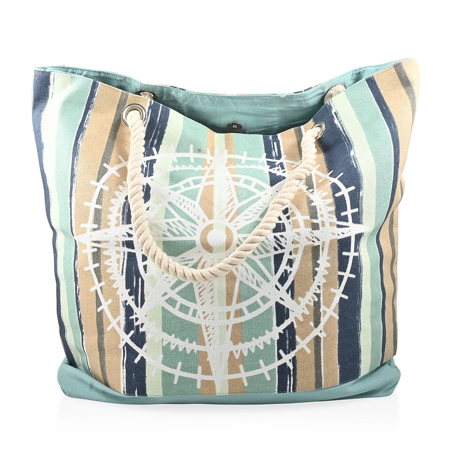 Boston International Navy & Beige Striped Compass Rose Pattern Canvas Tote Bag (20"x6"x15")