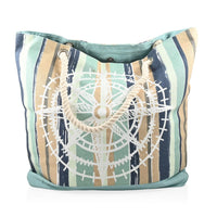 Boston International Navy & Beige Striped Compass Rose Pattern Canvas Tote Bag (20"x6"x15")