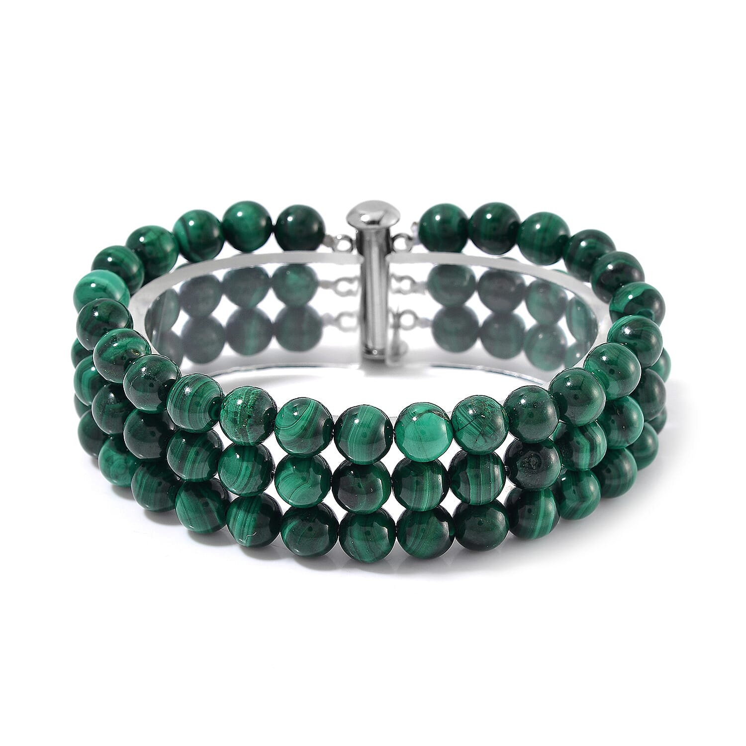 African Malachite 3 Row Beaded Bracelet in Stainless Steel (6.50 In) 180.00 ctw