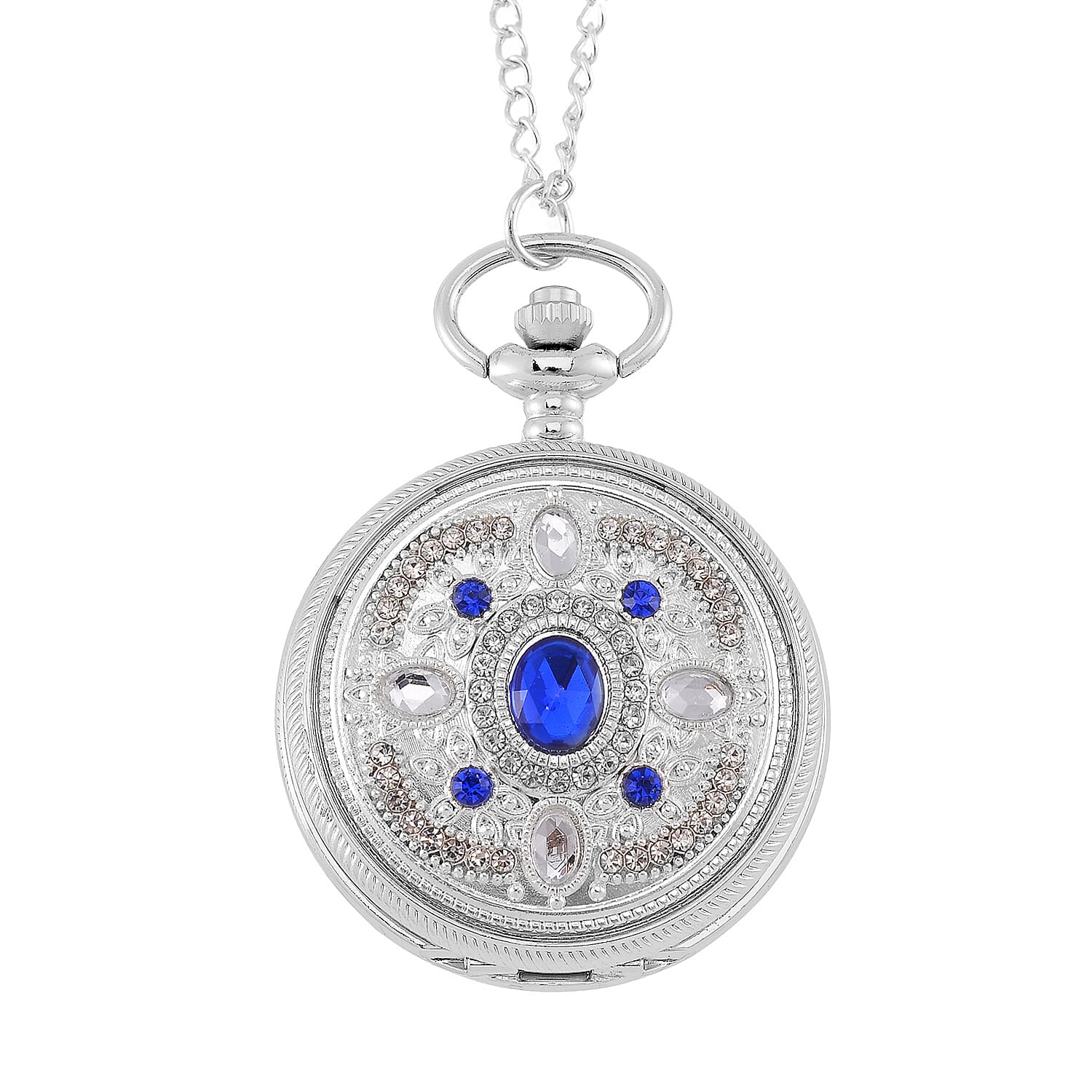 Strada Blue Glass, Yellow and Blue Crystal Japanese Movement Caring Pattern Pocket Watch with Chain (31 Inches)