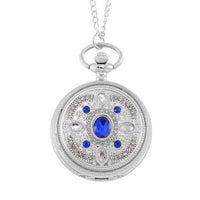 Strada Blue Glass, Yellow and Blue Crystal Japanese Movement Caring Pattern Pocket Watch with Chain (31 Inches)