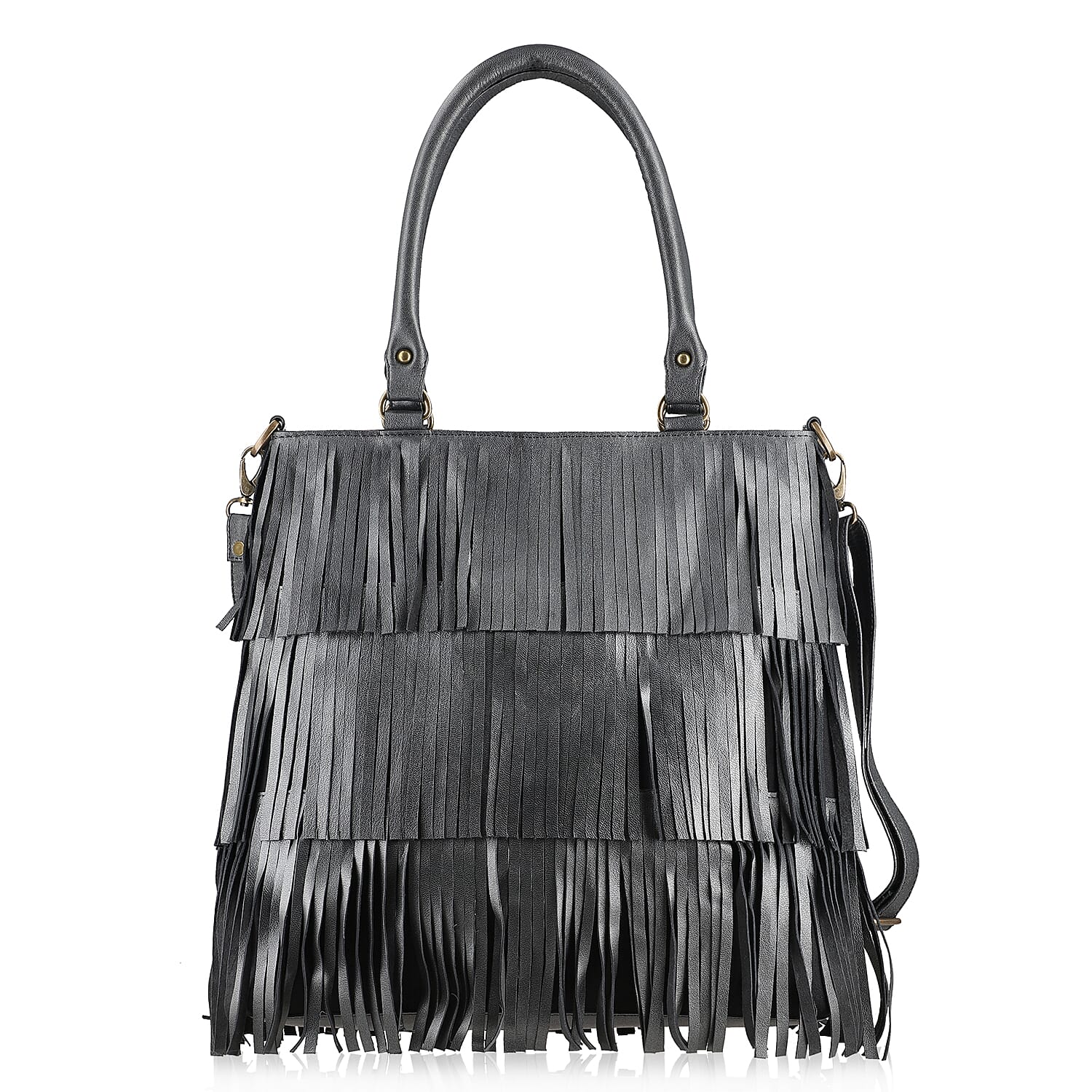 Metallic Black Genuine Leather In Metallic Look Fringes Tote Bag