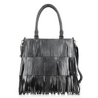 Metallic Black Genuine Leather In Metallic Look Fringes Tote Bag
