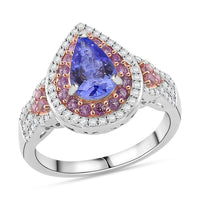 TLV Tanzanite (Oval), Multi Gemstone Double Halo Ring in Vermeil RG and Rhodium Over Sterling Silver (Size 6.0) 2.00 ctw