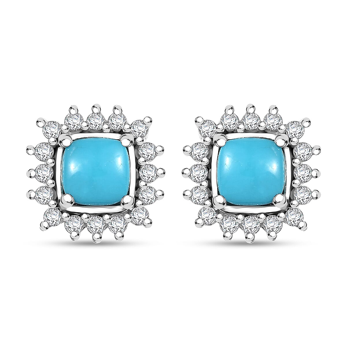 D'Joy Sleeping Beauty Turquoise and White Zircon 1.85 ctw Sunburst Earrings in Rhodium Over Sterling Silver