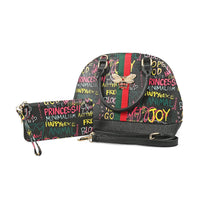 Chunma 2pc Black & Gold Graffiti Pattern Vegan Leather Shoulder Bag with Wallet (12"x4"x10")