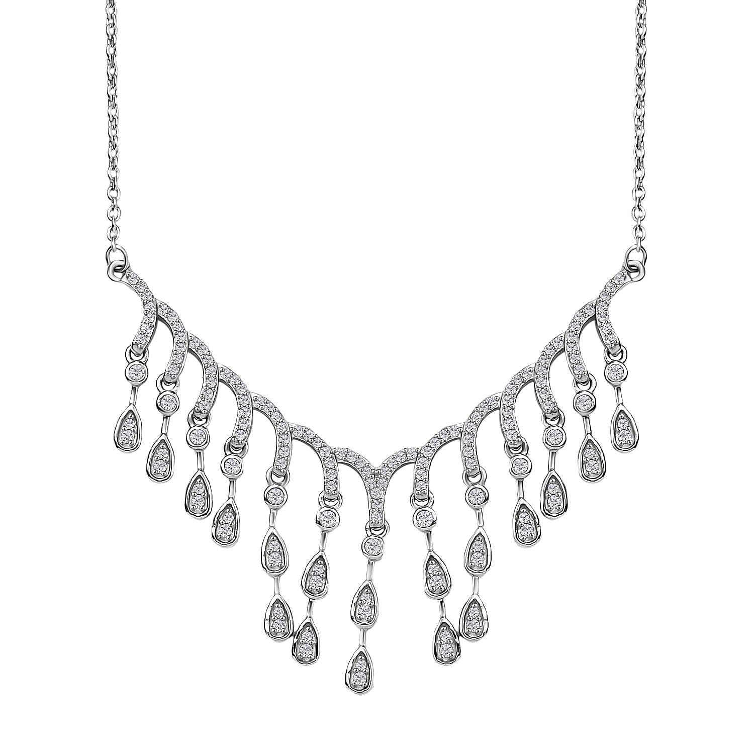 Luxuriant Lab Grown Diamond G-H SI 1.00 ctw Cascade Water Drop Necklace in Rhodium Over Sterling Silver 20 Inches