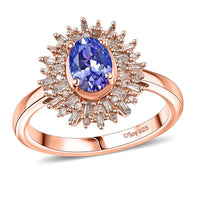 Tanzanite, Natural Champagne and White Diamond 1.30 ctw Ring in 18K Vermeil Rose Gold Over Sterling Silver (Size 7.0)