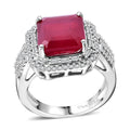 Premium Niassa Ruby (FF), Moissanite Halo of Majesty Ring in Rhodium Over Sterling Silver (Size 10.0) 9.10 ctw - Sticky add to cart bar
