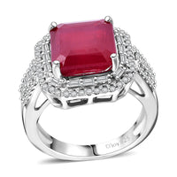 Premium Niassa Ruby (FF), Moissanite Halo of Majesty Ring in Rhodium Over Sterling Silver (Size 10.0) 9.10 ctw
