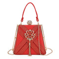 Red Radiant Tassel Brooch Crystal Clutch Bag (9.6"x4.3"x5.3") with Shoulder Chain Strap - Sticky add to cart bar