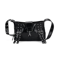 Black Faux Leather Punk Crossbody Bag (14.17"x3.15"x9.45") with Shoulder Strap