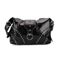 Black Faux Leather Stylish Riveted Hobo Bag with Shoulder Strap