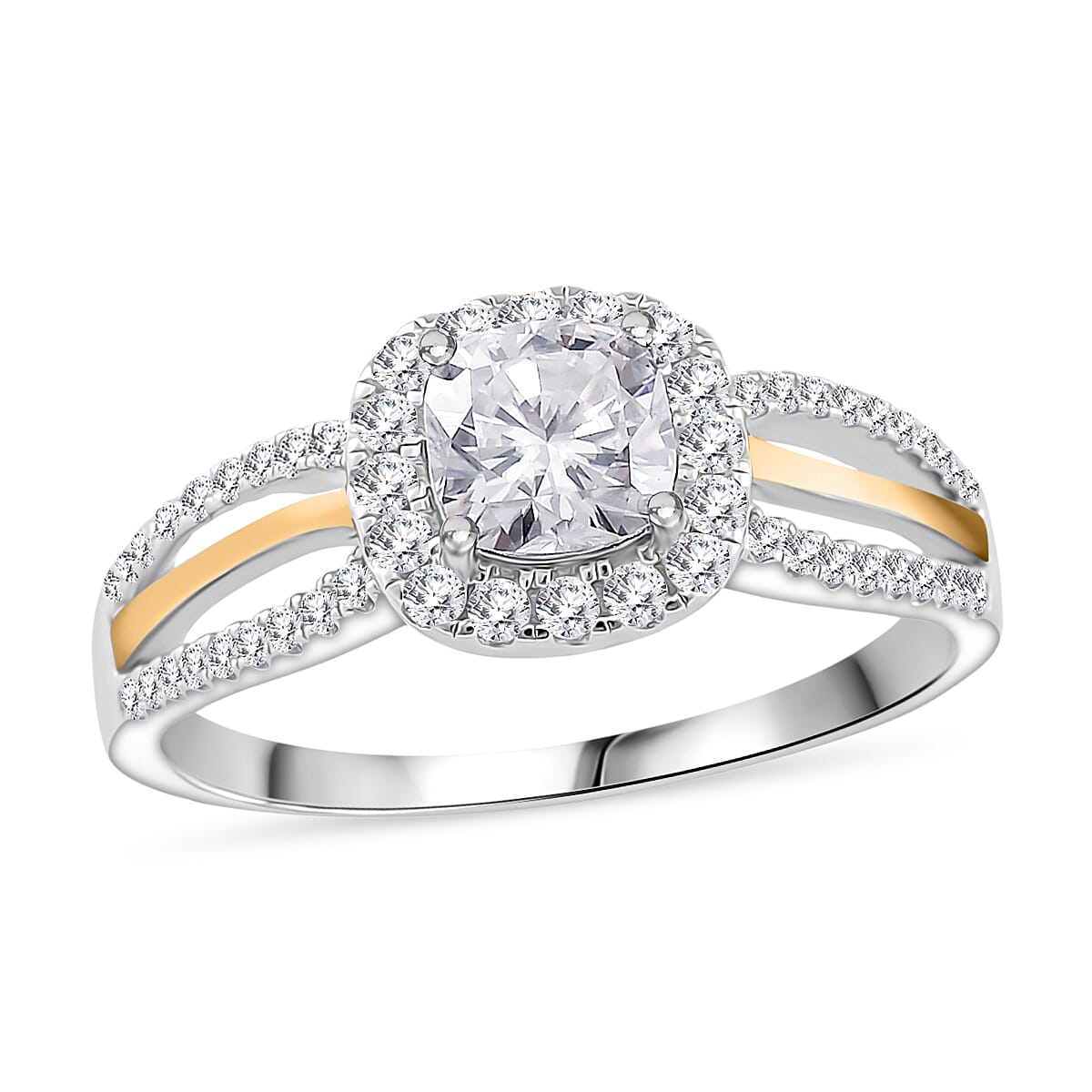 Moissanite (Cush 6x6mm) Ring in Rhodium Over Sterling Silver and 10K Yellow Gold (Size 10.0) 1.50 ctw