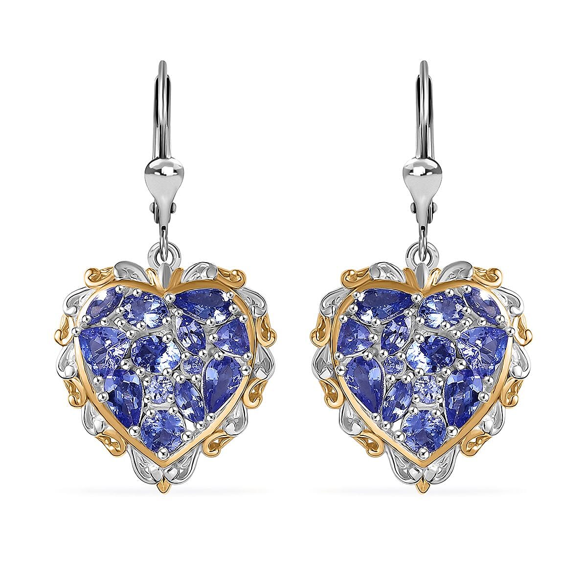 D'Joy Tanzanite 4.15 ctw Heart Earrings in 18K Vermeil YG and Rhodium Over Sterling Silver