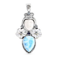 Sajen Silver Carved Bone and Multi Gemstone 30.40 ctw Pendant without Chain in Sterling Silver