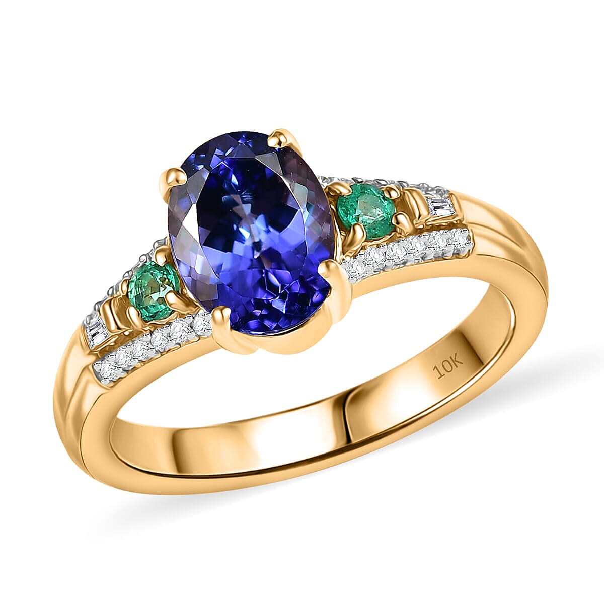 Luxoro AAA Tanzanite, Boyaca Colombian Emerald and Diamond I2 1.80 ctw Ocean Serenade Ring in 10K Yellow Gold (Size 6.0)