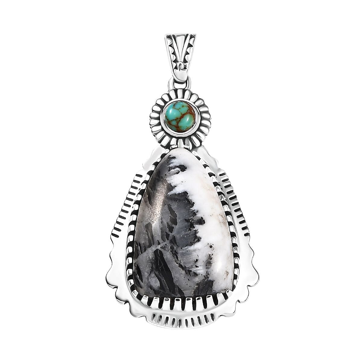 D'Joy Artisan Crafted White Buffalo and Royston Turquoise 13.35 ctw Sunflower Pendant without Chain in Sterling Silver