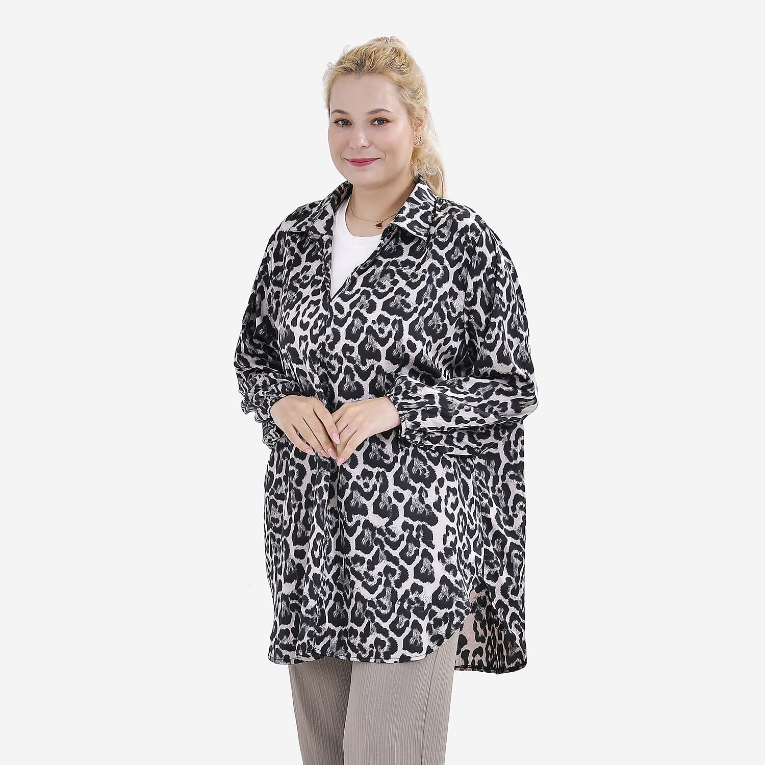 La Marey Yellow Leopard Pattern Soft Satin Shirt - S/M